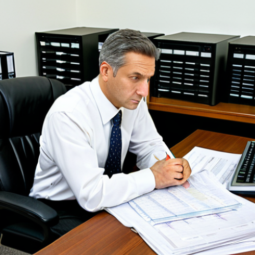 Home 11 A professional male credit analyst in his 40s, in a modest business suit, white shirt, and tie, fully clothed, appropriate attire. He is sitting at a large wooden desk, surrounded by stacks of paper financial reports and open ledgers. He is intensely focused on a printed spreadsheet, holding a pen, with a simple desktop computer displaying a basic data table in the background. His expression shows deep concentration and diligence. The environment is a classic, well-lit financial office from the early 2000s, with filing cabinets and a bookshelf. Professional photography, realistic, high resolution, soft lighting, perfect anatomy, correct proportions, natural pose, well-formed hands, proper finger count, natural body proportions, safe for work, appropriate content, fully clothed, professional dress.