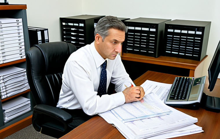A professional male credit analyst in his 40s, in a modest business suit, white shirt, and tie, fully clothed, appropriate attire. He is sitting at a large wooden desk, surrounded by stacks of paper financial reports and open ledgers. He is intensely focused on a printed spreadsheet, holding a pen, with a simple desktop computer displaying a basic data table in the background. His expression shows deep concentration and diligence. The environment is a classic, well-lit financial office from the early 2000s, with filing cabinets and a bookshelf. Professional photography, realistic, high resolution, soft lighting, perfect anatomy, correct proportions, natural pose, well-formed hands, proper finger count, natural body proportions, safe for work, appropriate content, fully clothed, professional dress.